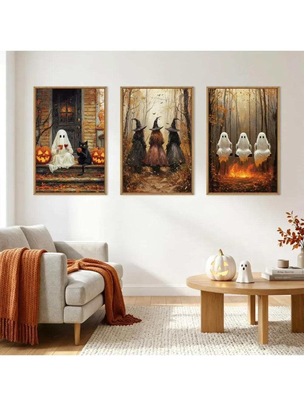 Spooky Halloween Wall Art Set of 3 - Dark Witch, Black Cat & Raven Prints
